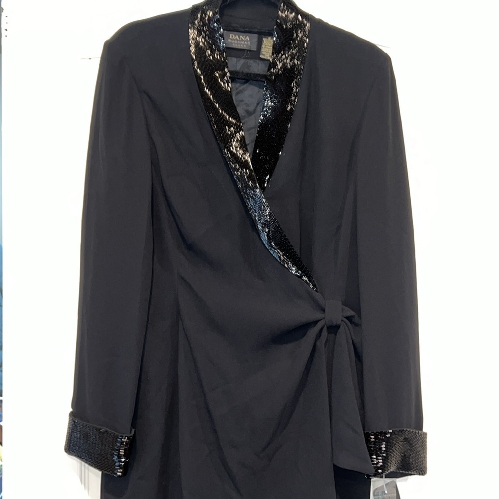 NWT Vintage Dana Buchman Wrap Tuxedo Black Dress with Sequined Cuffs and Collar